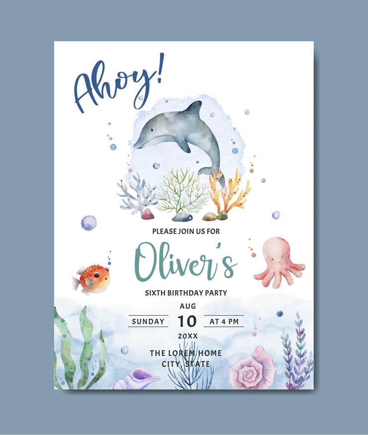 carino compleanno sotto la carta dell'invito dell'acquerello di tema del mare
