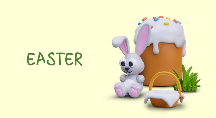Vettore carino concetto di pasqua su sfondo giallo cesto di pasqua cesto di coniglietto erba verde