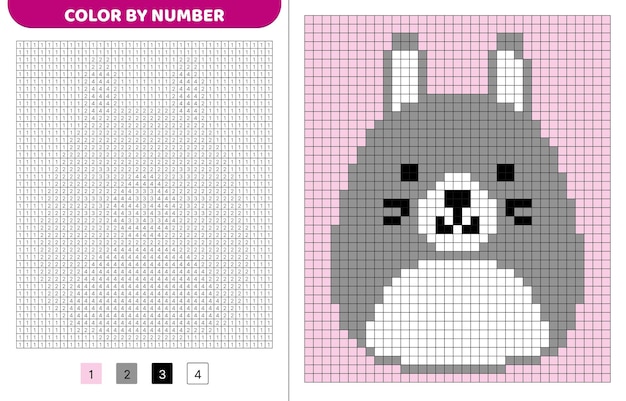 Carino coniglio squishmallow Colore per numero Libro da colorare pixel Quadrati numerati Gioco per bambini Pixel art Illustrazione vettoriale isolata