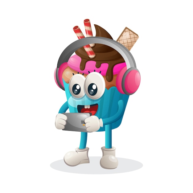 Carino cupcake mascotte gioco mobile che indossa le cuffie