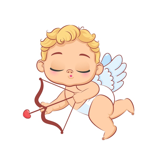 Carino cupido bambino con un fiocco sta volando. Illustrazione del fumetto vettoriale.