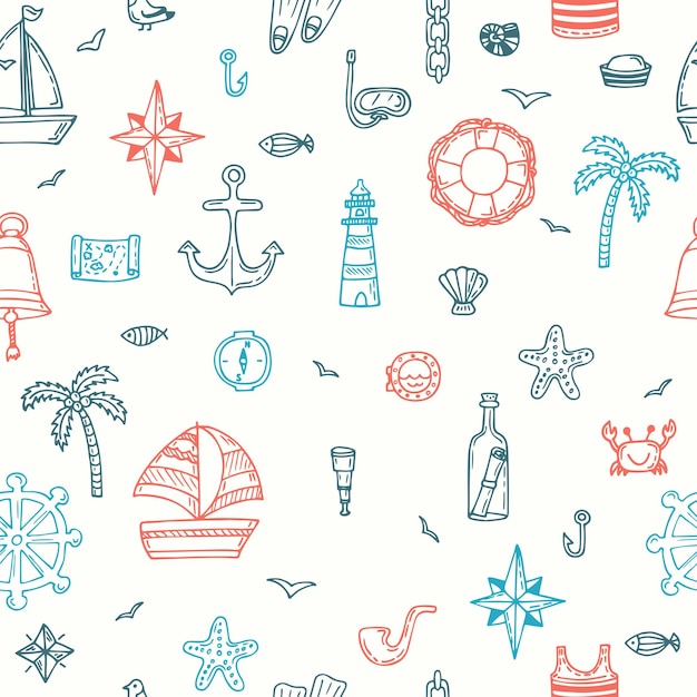 Carino disegno a mano senza cuciture con elementi nautici Simboli marini Icone nautiche