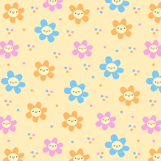 Carino disegno floreale senza cuciture con fiori pastello sorridenti design vettoriale per bambini kawaii