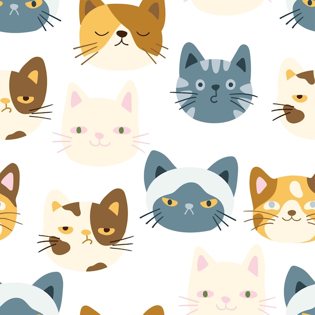Carino gatti colorati teste gattino facce vettore modello senza giunture Divertente gattino animale cartone animato