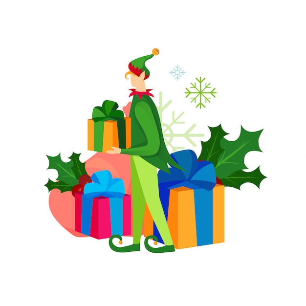Carino giocoso elfo di Natale con un mucchio di regali
