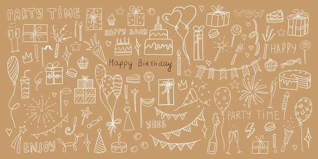 Carino grande celebrazione clipart impostato in stile doodle Tempo di festa clipart con doni deliziosa torta