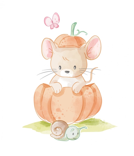 Carino Littele Mouse in zucca e illustrazione di piccola lumaca