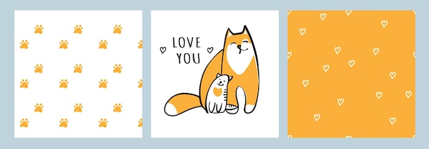 Carino mamma e bambino gatto disegnato a mano stampa vettoriale Biglietto per la festa della mamma Modello senza cuciture animale