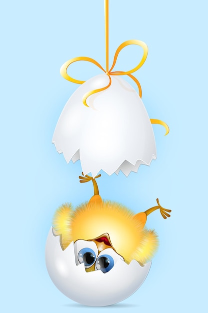 Carino neonato pulcino giallo caduto a testa in giù dal guscio d'uovo rotto. Concetto di Pasqua e compleanno