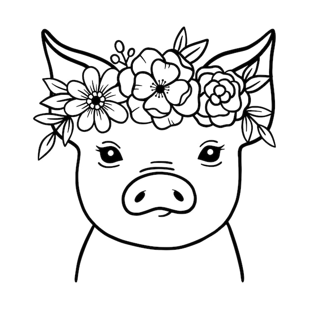 Carino Pig Line Art Pig con corona di fiori Animali da fattoria Maiale schizzo illustrazione vettoriale