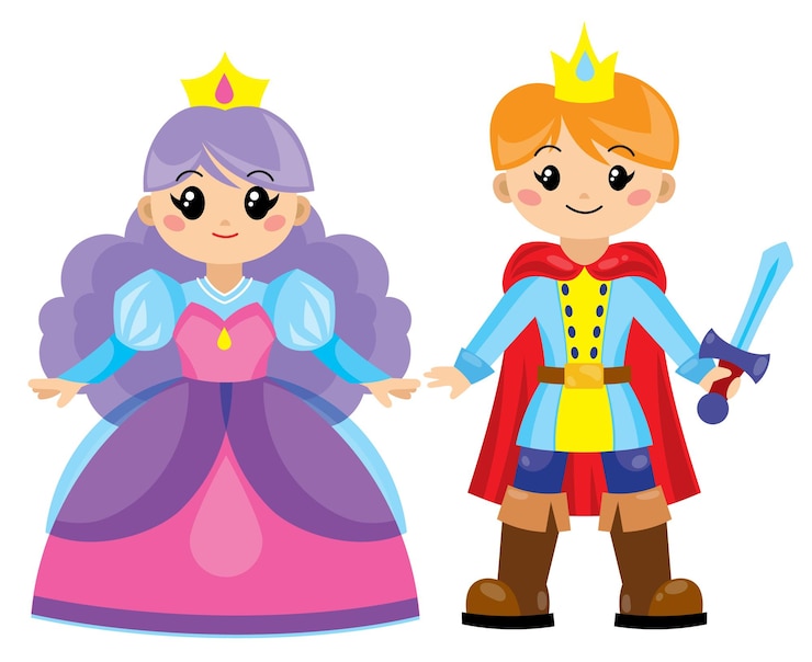 Vettore carino principe e principessa illustrazione di persone in età prescolare per bambini di fantasia magica