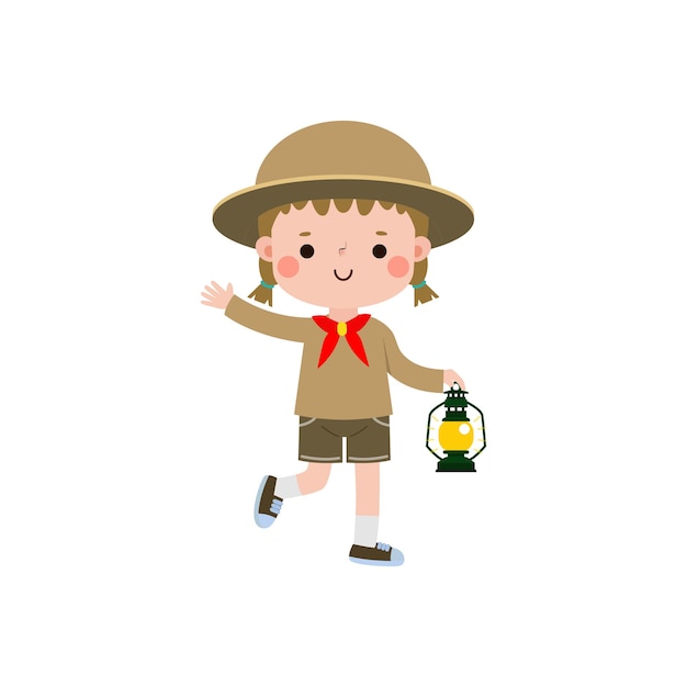 Carino ragazzino che tiene la lampada boy scout o girl scout onore campo estivo per bambini uniformi