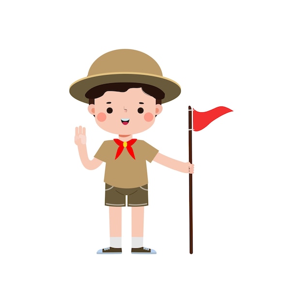 Carino ragazzino con bandiera boy scout o girl scout onore campo estivo per bambini uniformi