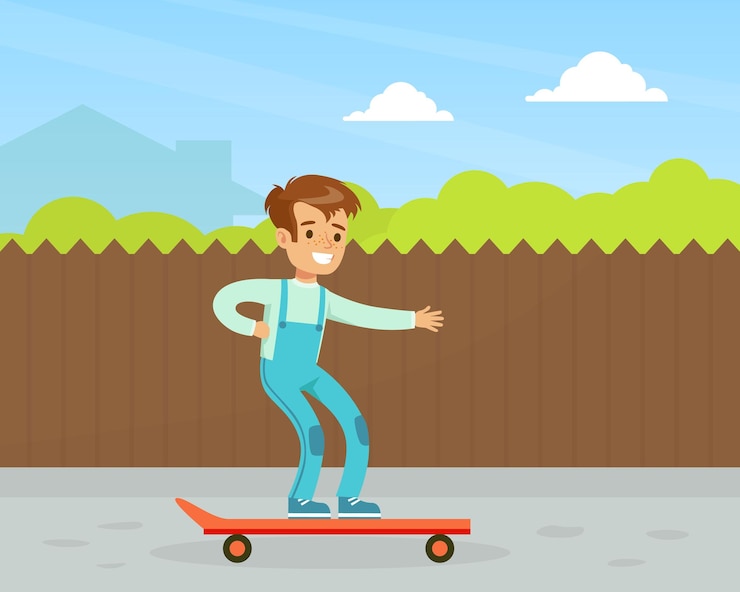 Vettore carino ragazzo sorridente che va su uno skateboard outdoor kid attività all'aperto illustrazione vettoriale di cartoni animati