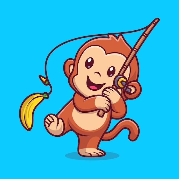 Carino scimmia pesca banana fumetto icona vettore illustrazione animale natura icona concetto isolato