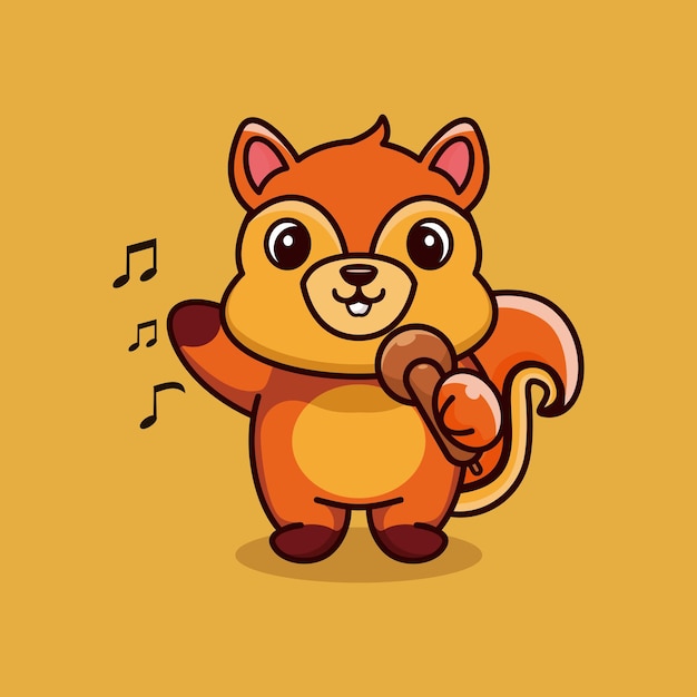 Carino scoiattolo che canta cartone animato design premium vector