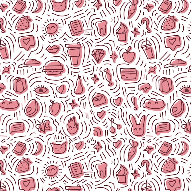 Carino seamless pattern doodle disegnate a mano diverse icone sul colore rosa