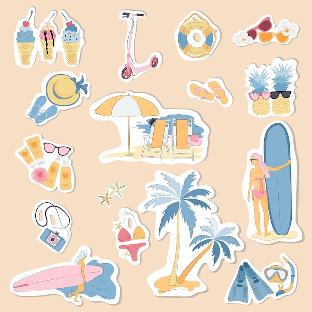 Carino set di adesivi vibes estivi disegnati a mano Collezione di icone tropicali con oggetti estivi