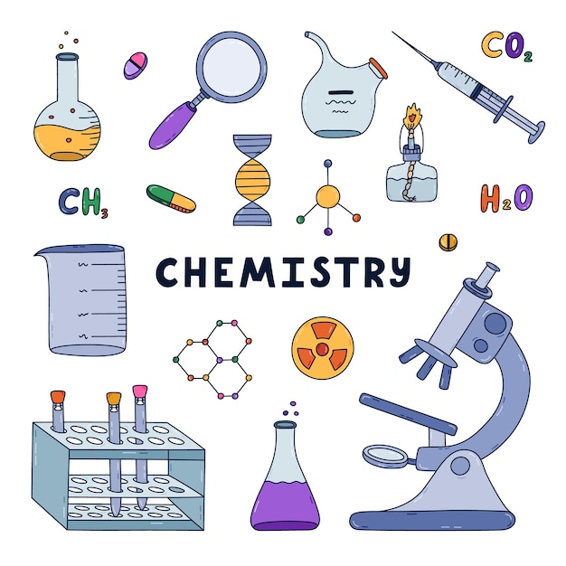 Carino set di scarabocchi colorati con scienze chimiche e clippart di laboratorio Equipaggiamento di laboratorio Apprendimento