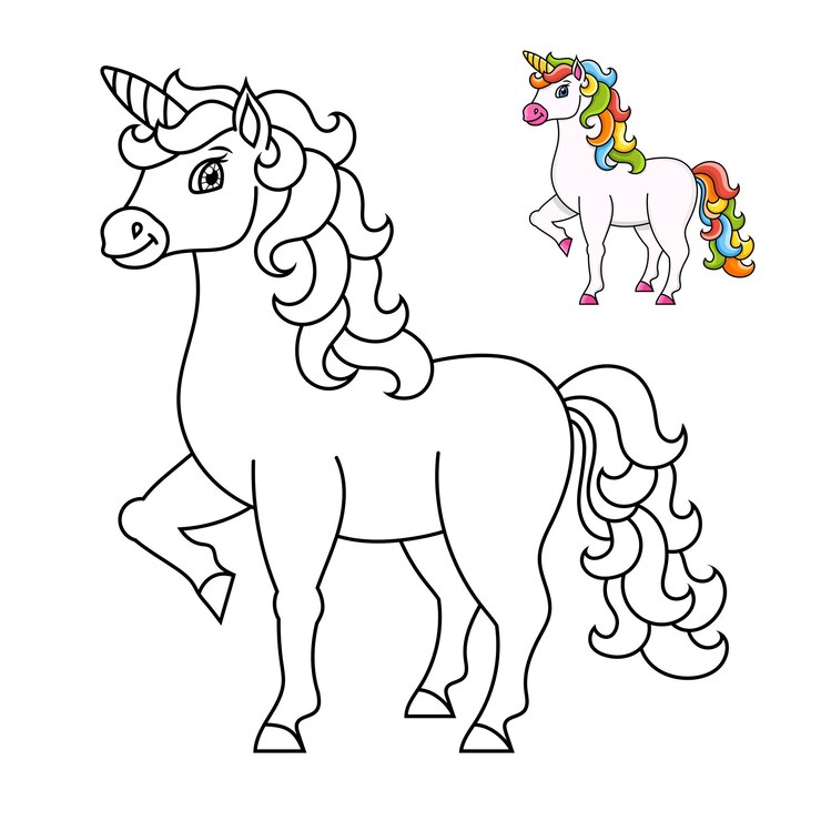Carino unicorno cavallo fate magiche pagina di libro da colorare per bambini Stile cartone animato Illustrazione vettoriale isolata su sfondo bianco