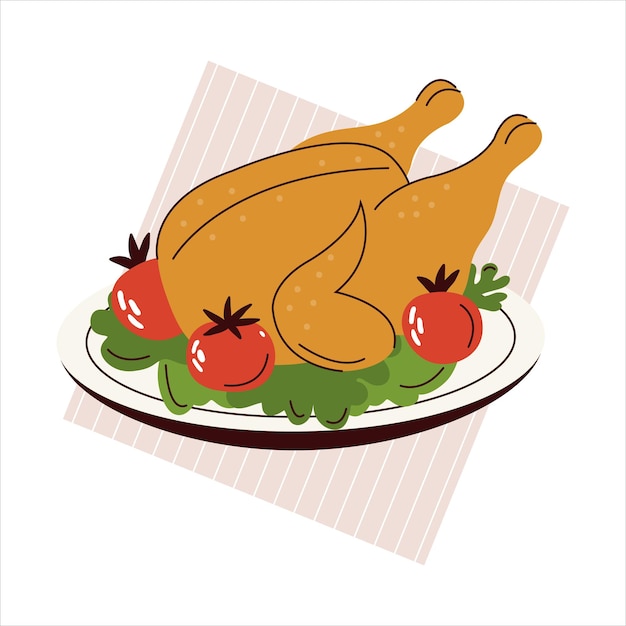 Carne di pollo fritta calda e deliziosa su un piatto isolato su uno sfondo bianco Carne di pollo intera Tacchino del Ringraziamento arrosto Piatto tradizionale di pollame festivo Illustrazione piatta vettoriale colorata