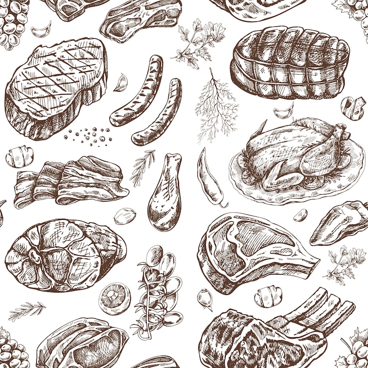 Vettore carne e verdure a disegno senza cuciture in pezzi di carne da barbecue in stile vintage incisi