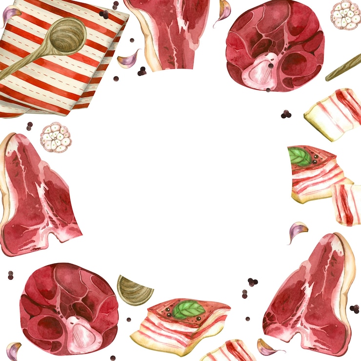Vettore carni prodotti a base di carne di maiale manzo lardo e pancetta bistecche a righe asciugamano cucchiaio pepe e aglio tutti gli oggetti