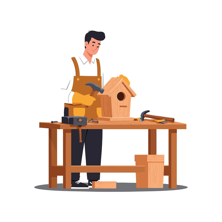 Vettore carpentiere che costruisce una casa per uccelli in stile illustrativo vettoriale piatto con strumenti e materiali in legno