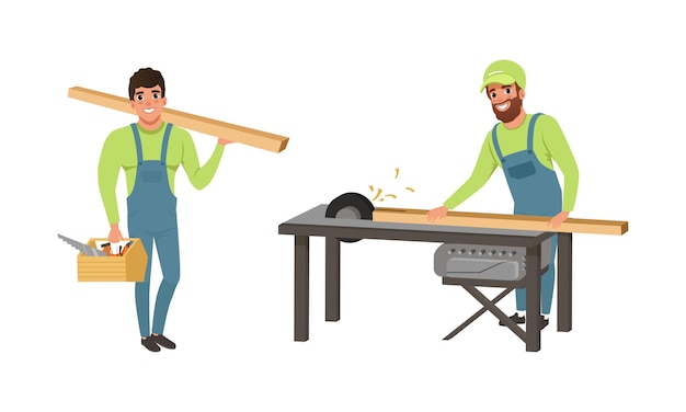 Carpentiere professionista che lavora con tavole di legno e blocchi vettoriali