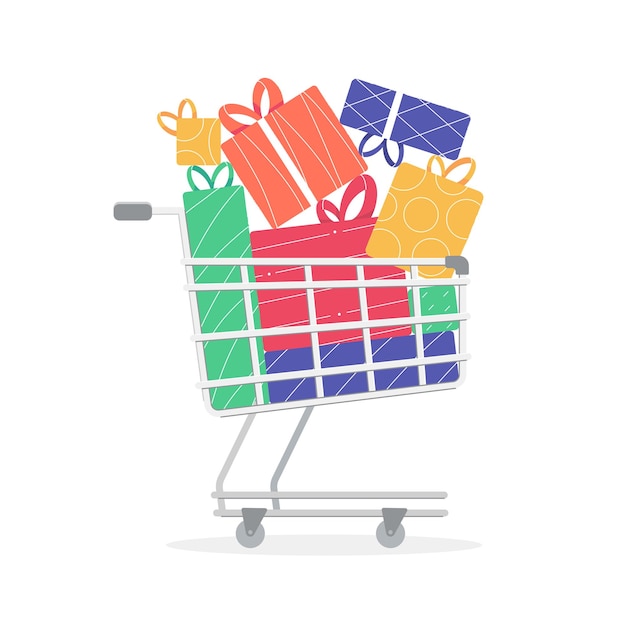 Carrello della spesa con tanti regali di Natale Regali per le vacanze invernali Shopping natalizio