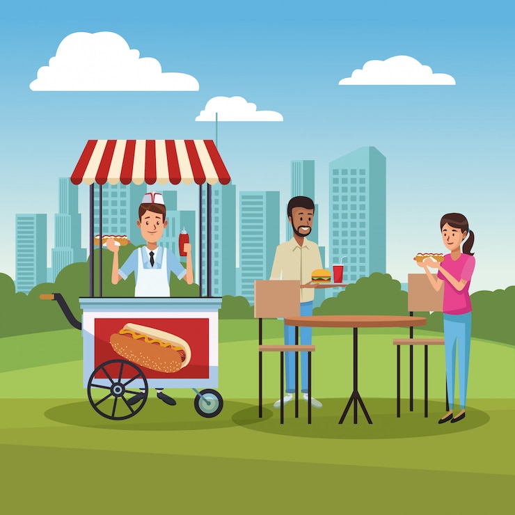 Vettore carrello hot dog nel parco