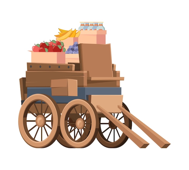 Carro in legno con prodotti. Vecchio stile carrozza veicoli agricoli con grandi ruote vettore sgargiante isolato immagine di trasporto antico. Illustrazione carro in legno con frutta e prodotti agricoli