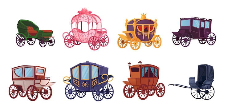 Vettore carrozze d'epoca dei cartoni animati carrozze di carico o carrozze di lusso reali carrozze antiche cavallo vittoriano carrozza del re carrozza magica di favole