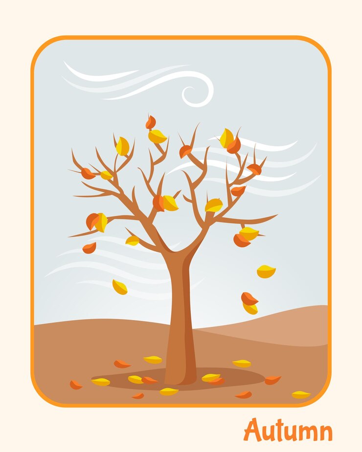 Vettore carta autunnale con paesaggio autunnale albero del vento cielo grigio e foglie cadenti