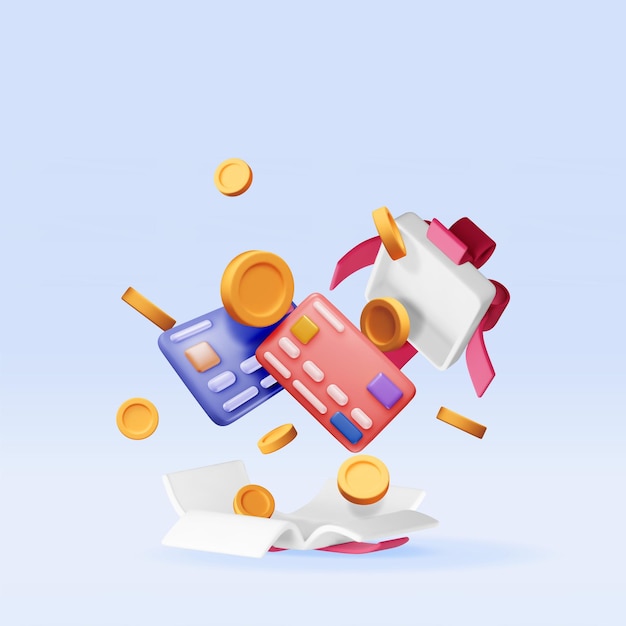Carta bancaria 3D e denaro in scatola regalo