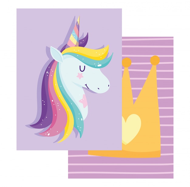 Carta con unicorno con capelli arcobaleno e corona