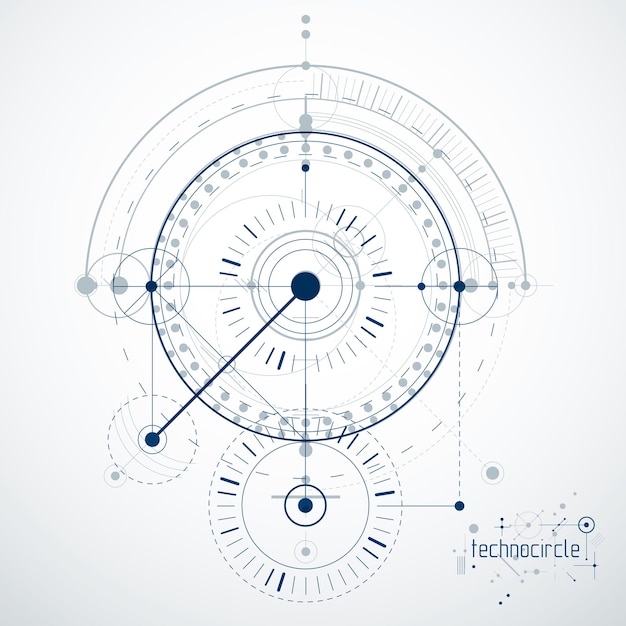 Carta da parati vettoriale tecnologica di ingegneria realizzata con cerchi e linee. La moderna composizione geometrica può essere utilizzata come modello e layout. Background tecnico astratto.