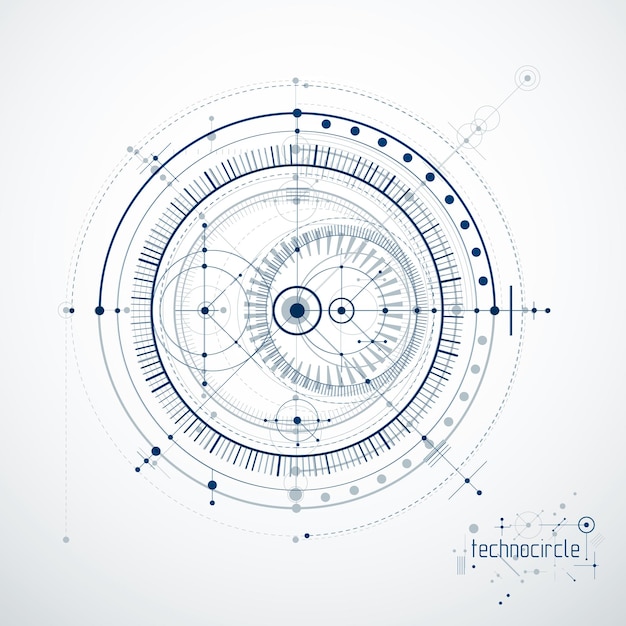 Carta da parati vettoriale tecnologica di ingegneria realizzata con cerchi e linee. La moderna composizione geometrica può essere utilizzata come modello e layout. Background tecnico astratto.