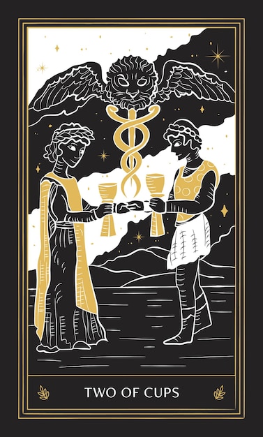 Carta dei tarocchi a due tazze negli arcani minori con stile doodle vettoriale disegnato a mano in oro nero e bianco