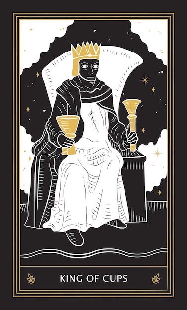 Carta dei Tarocchi King of Cups in Arcani Minori con stile Doodle vettoriale disegnato a mano in oro nero e bianco