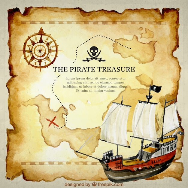 Carta del tesoro e barca acquerello