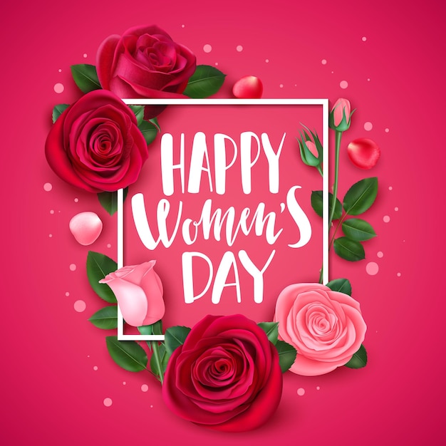Carta dell'8 marzo con rosa. Biglietto di auguri floreale per la giornata internazionale della donna di congratulazioni, modello di banner con fiori e petali alla moda. Carta di fiori bouquet di congratulazioni rosa