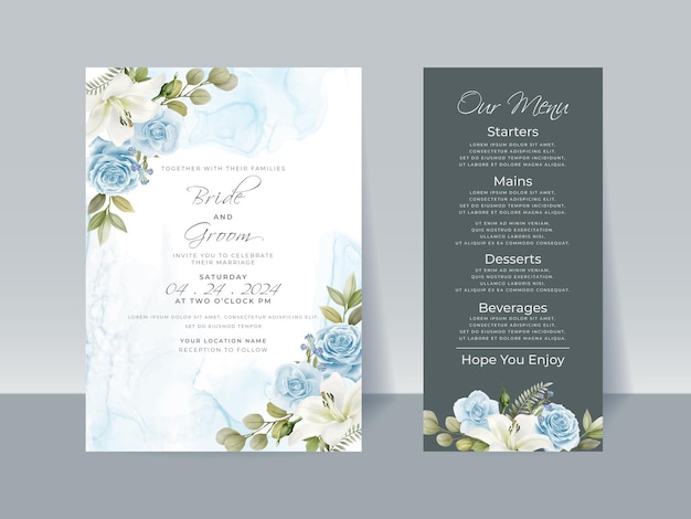Carta dell'invito di nozze delle rose blu dell'illustrazione della mano