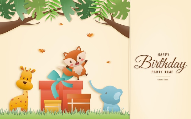 Carta di animali di buon compleanno del fumetto. Biglietti d'auguri con simpatici animali da safari o della giungla con festa in confezione regalo nella foresta tropicale. Modello di invito papercraft stile illustrazione vettoriale.