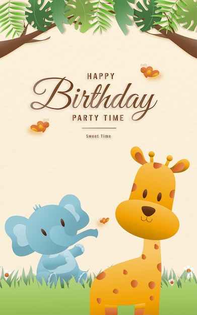 Carta di animali di buon compleanno del fumetto. Biglietti d'auguri con simpatici animali da safari o giraffa della giungla, festa di elefanti nella foresta tropicale. Illustrazione di vettore di stile di arte della carta dell'invito del modello.