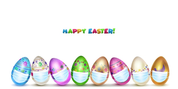 carta di buona Pasqua con le uova di Pasqua in vari colori con maschere mediche