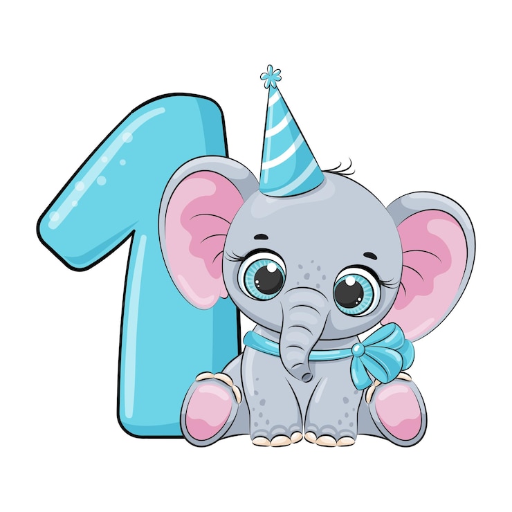 Vettore carta di compleanno per il primo compleanno con illustrazione vettoriale di un elefante