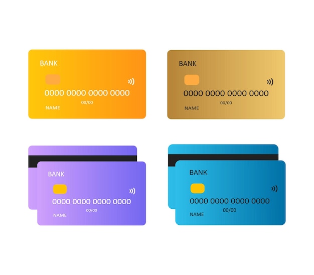 Carta di credito con set di due lati. Illustrazione vettoriale. Pagamento online. Ritiro contanti. Finanza