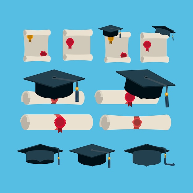 carta di diploma con cappelli e diplomi