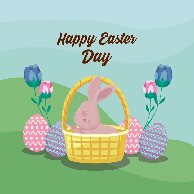 Carta di felice giorno di Pasqua con coniglio carino e uova